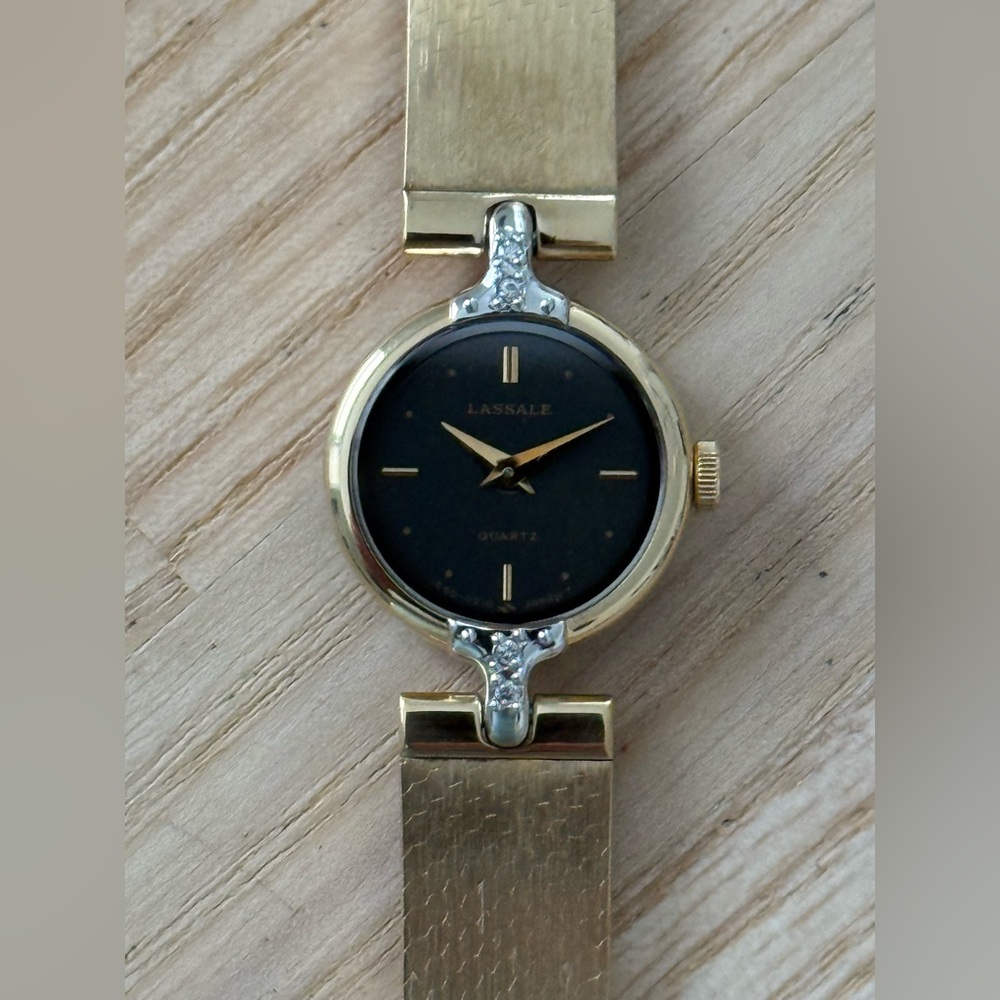 Lassale Rare Diamond Vintage Ladies Watch Gold Plated Bracelet Case Black Dial - Picture 3 of 16